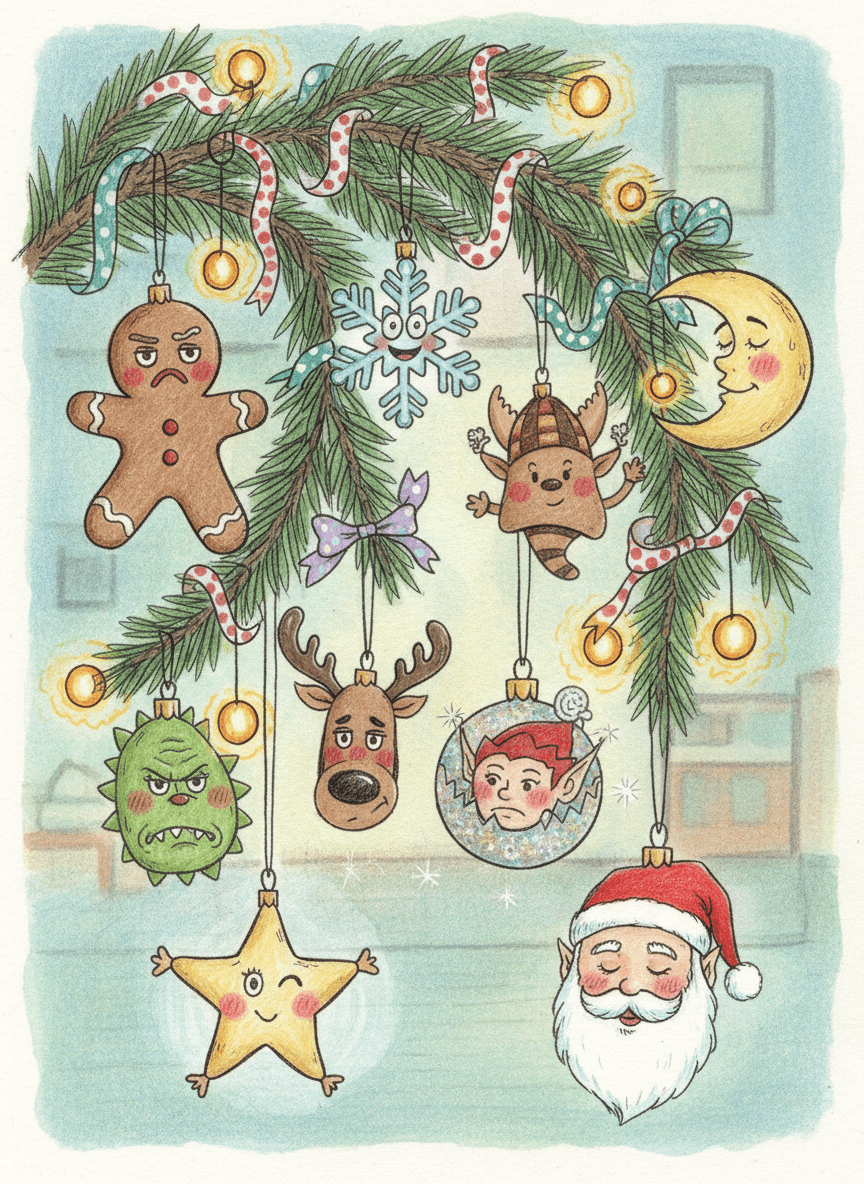 각기 다른 표정과 개성을 가진 크리스마스 장식품들이 걸려있는 유쾌한 손그림 일러스트.