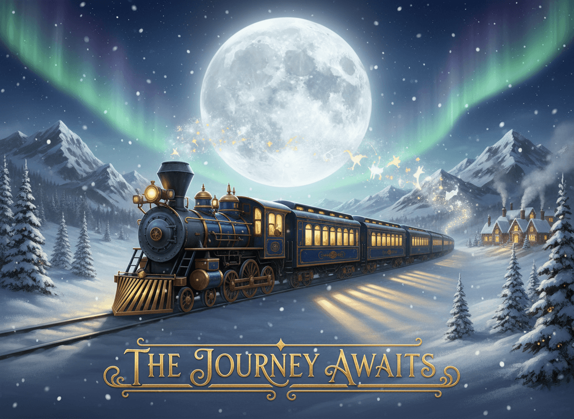 눈 덮인 산을 지나는 마법 같은 크리스마스 기차 (폴라 익스프레스 스타일) 일러스트.