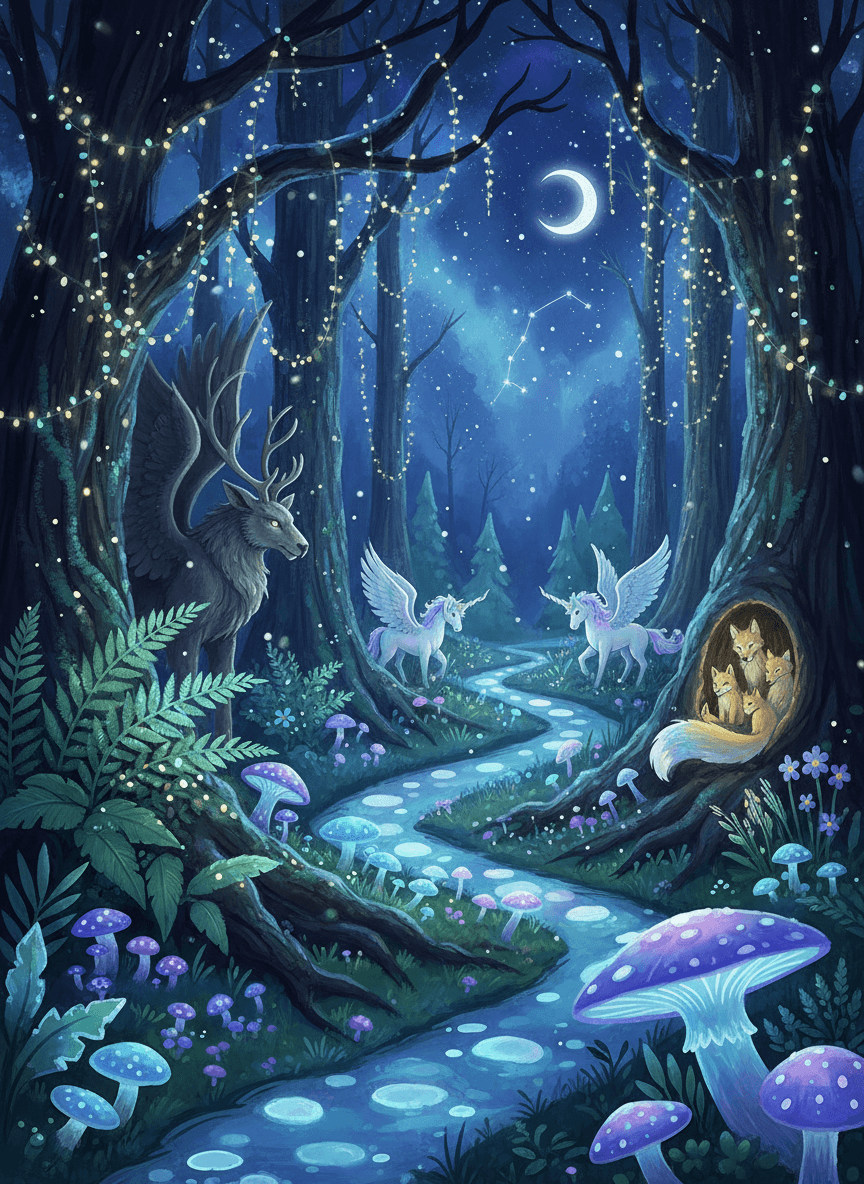 빛나는 버섯과 요정 조명이 있는 환상적인 마법의 크리스마스 숲 일러스트.