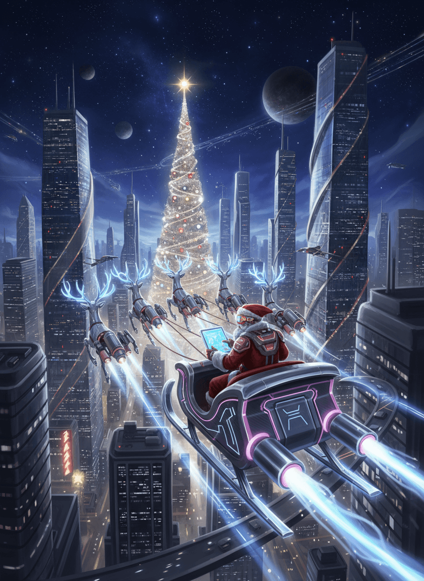 미래 도시 위로 빛나는 첨단 썰매를 타고 비행하는 현대화된 산타의 미래 지향적 크리스마스 일러스트.