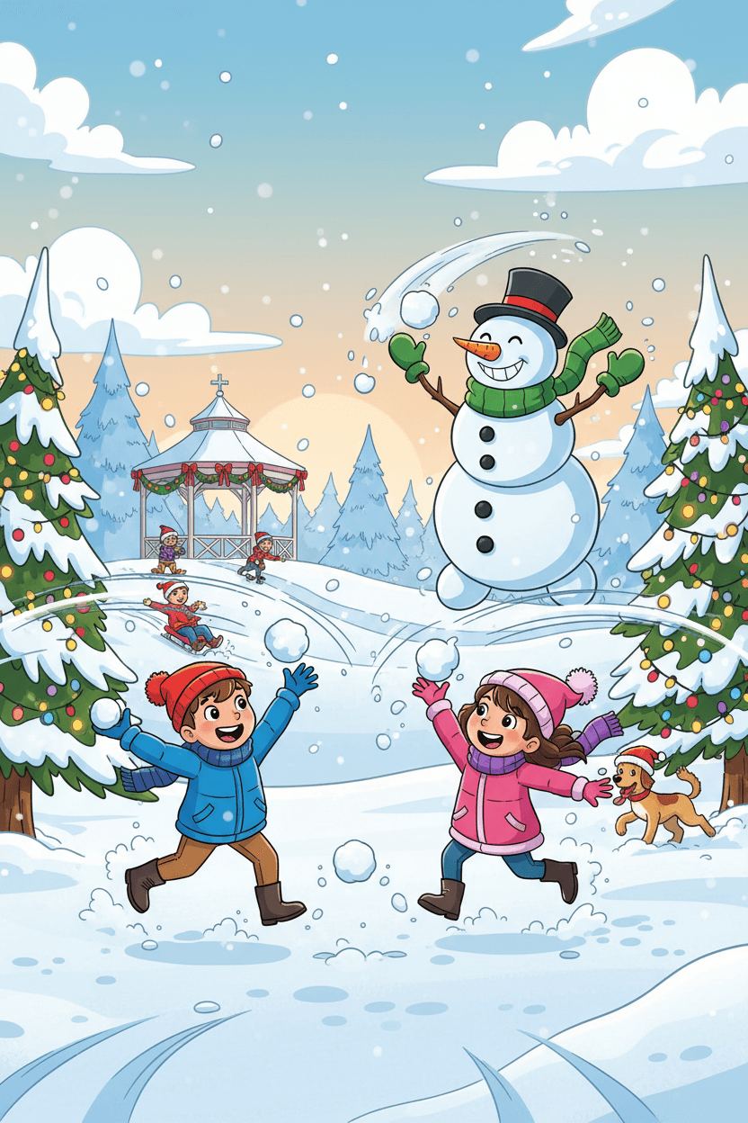 밝은 눈 덮인 공원에서 두 아이와 친근한 눈사람이 장난기 가득한 눈싸움을 하는 역동적인 크리스마스 일러스트.