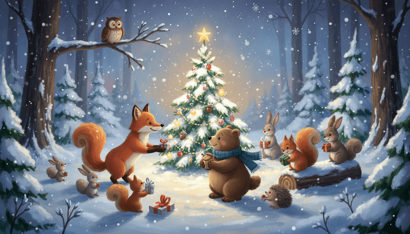 눈 덮인 숲에서 크리스마스 트리를 중심으로 모여 축하하는 숲속 동물들 이야기책 일러스트.