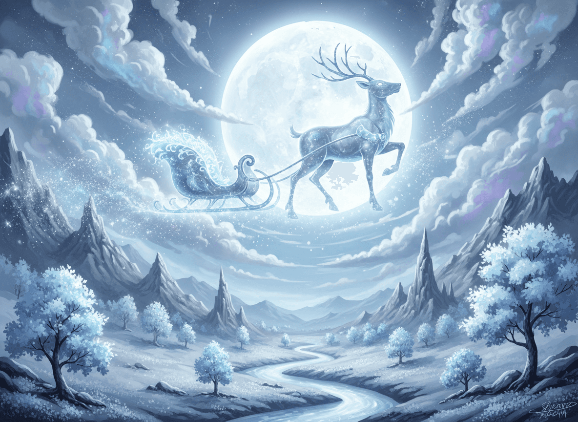 신비로운 달빛 풍경을 가로질러 반짝이는 썰매를 끄는 유령 같은 투명한 순록을 묘사한 몽환적인 크리스마스 일러스트.