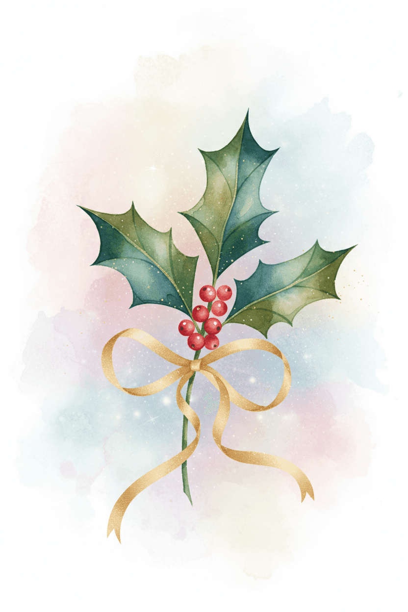 붉은 열매와 반짝이는 황금 리본이 달린 섬세한 호랑가시나무 가지를 그린 우아한 수채화 크리스마스 일러스트.