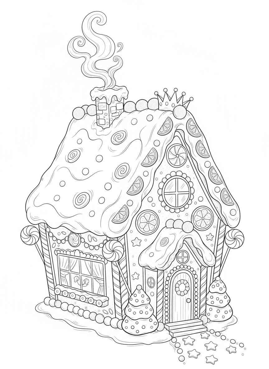 눈과 사탕 장식으로 뒤덮인 진저브레드 하우스의 우아한 라인 아트 크리스마스 일러스트.