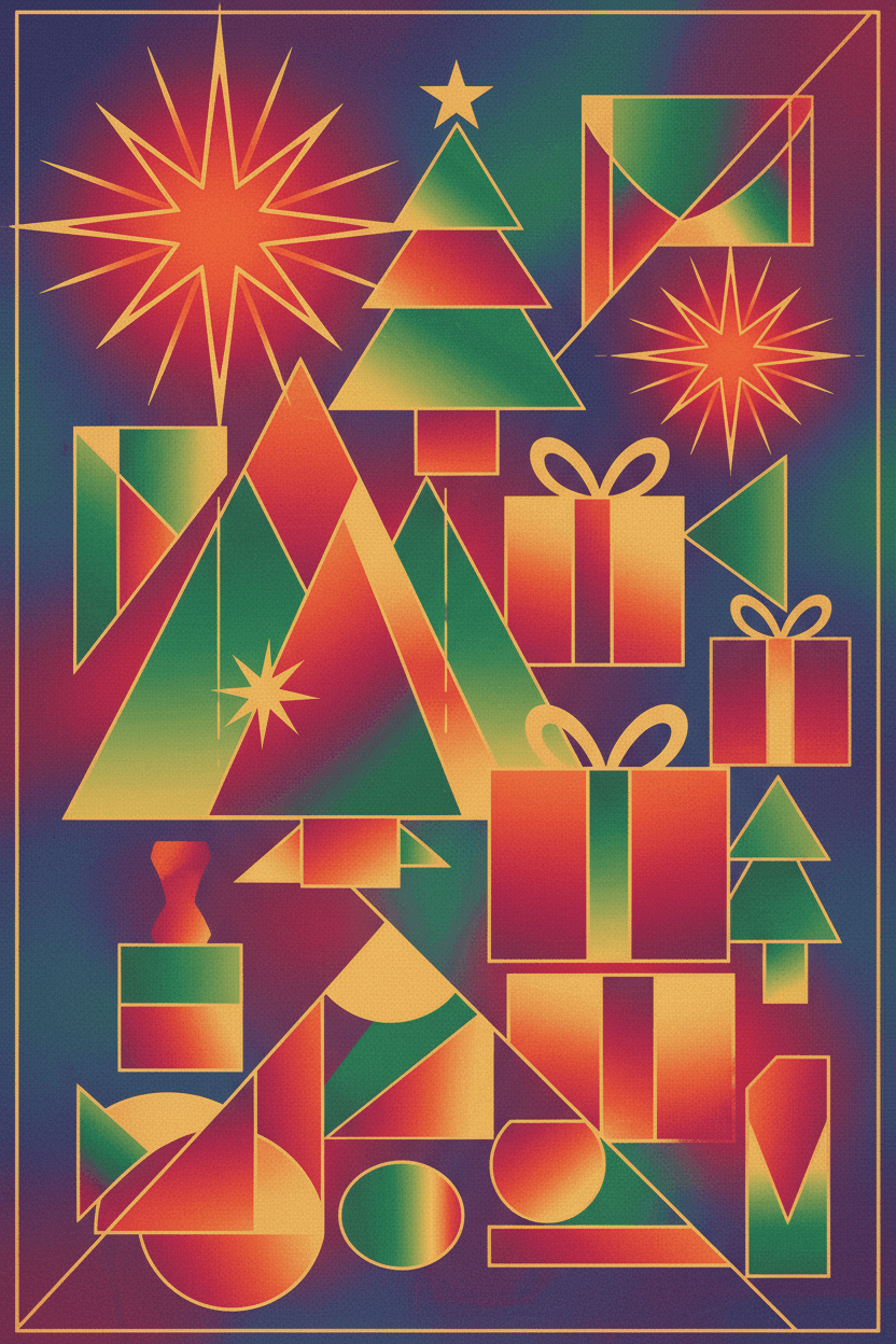 기하학적 형태와 그라데이션으로 크리스마스 모티프를 표현한 추상 일러스트.