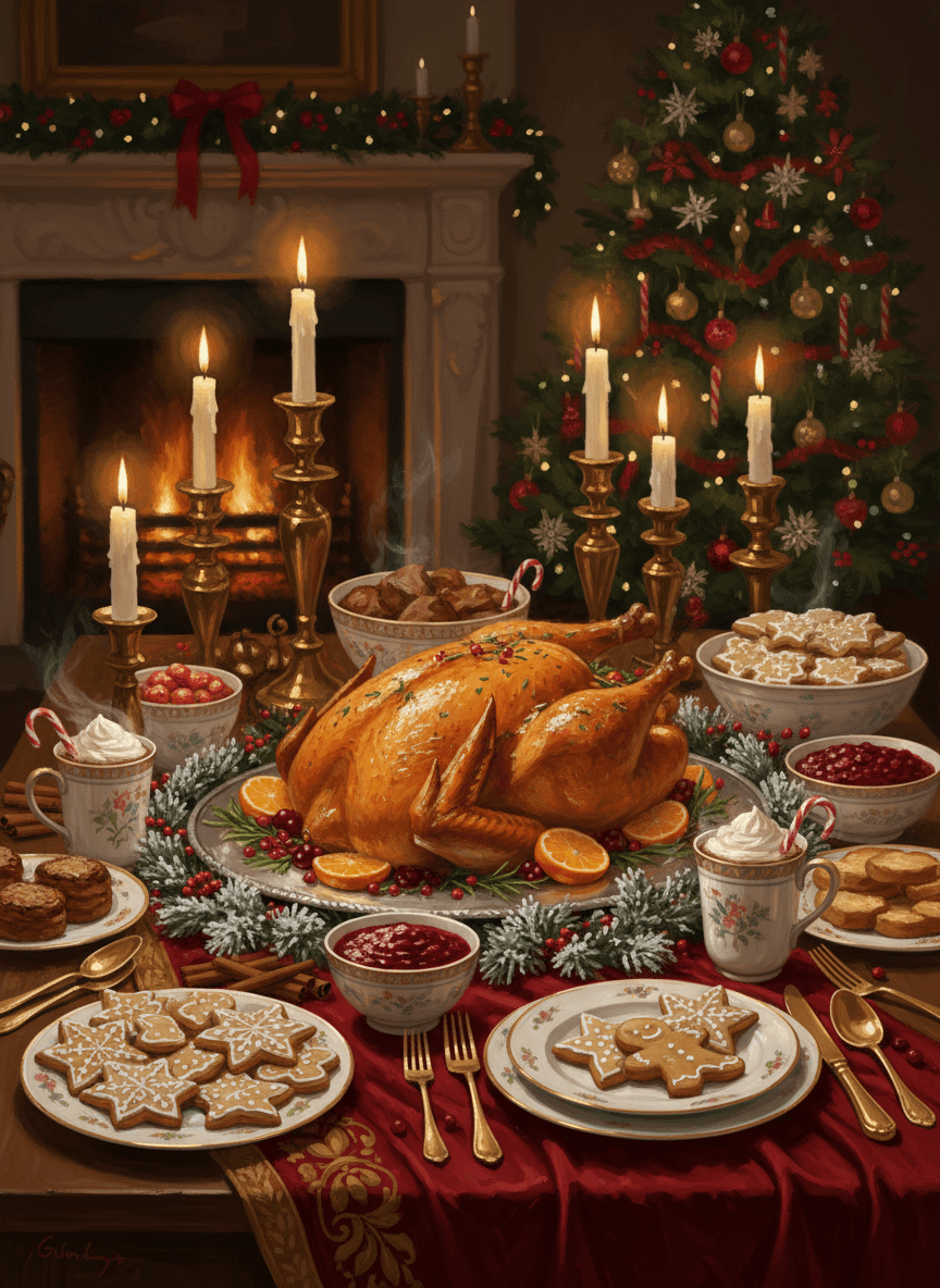 로스트 터키와 쿠키가 가득한 크리스마스 저녁 식탁 정물화 일러스트.