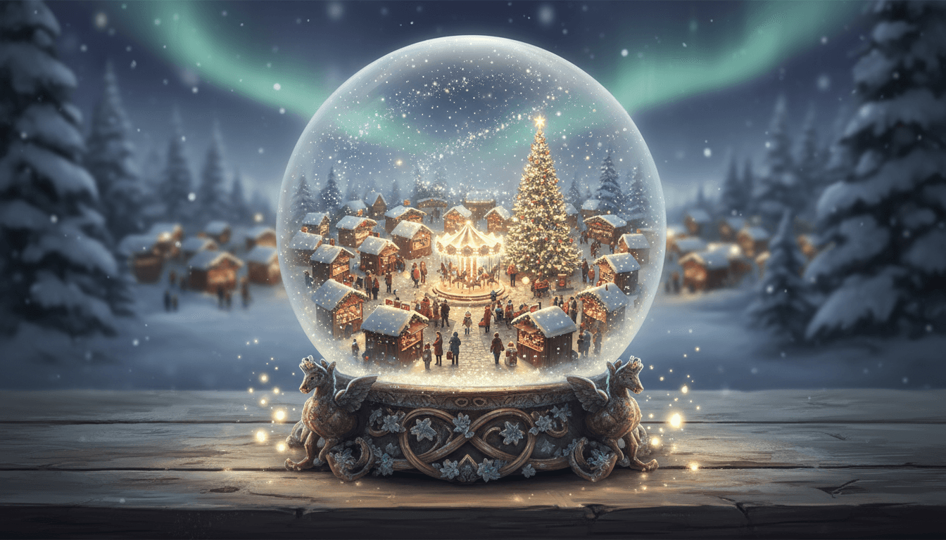 반짝이는 크리스마스 시장 풍경이 담긴 마법 같은 스노우 글로브 일러스트.