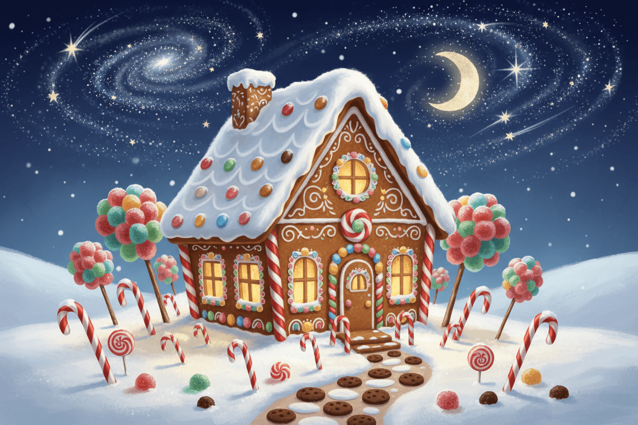 눈 덮인 진저브레드 하우스가 은은한 불빛으로 빛나고 별이 빛나는 겨울 하늘 아래 사탕 지팡이와 젤리나무에 둘러싸인 평온한 크리스마스 일러스트.