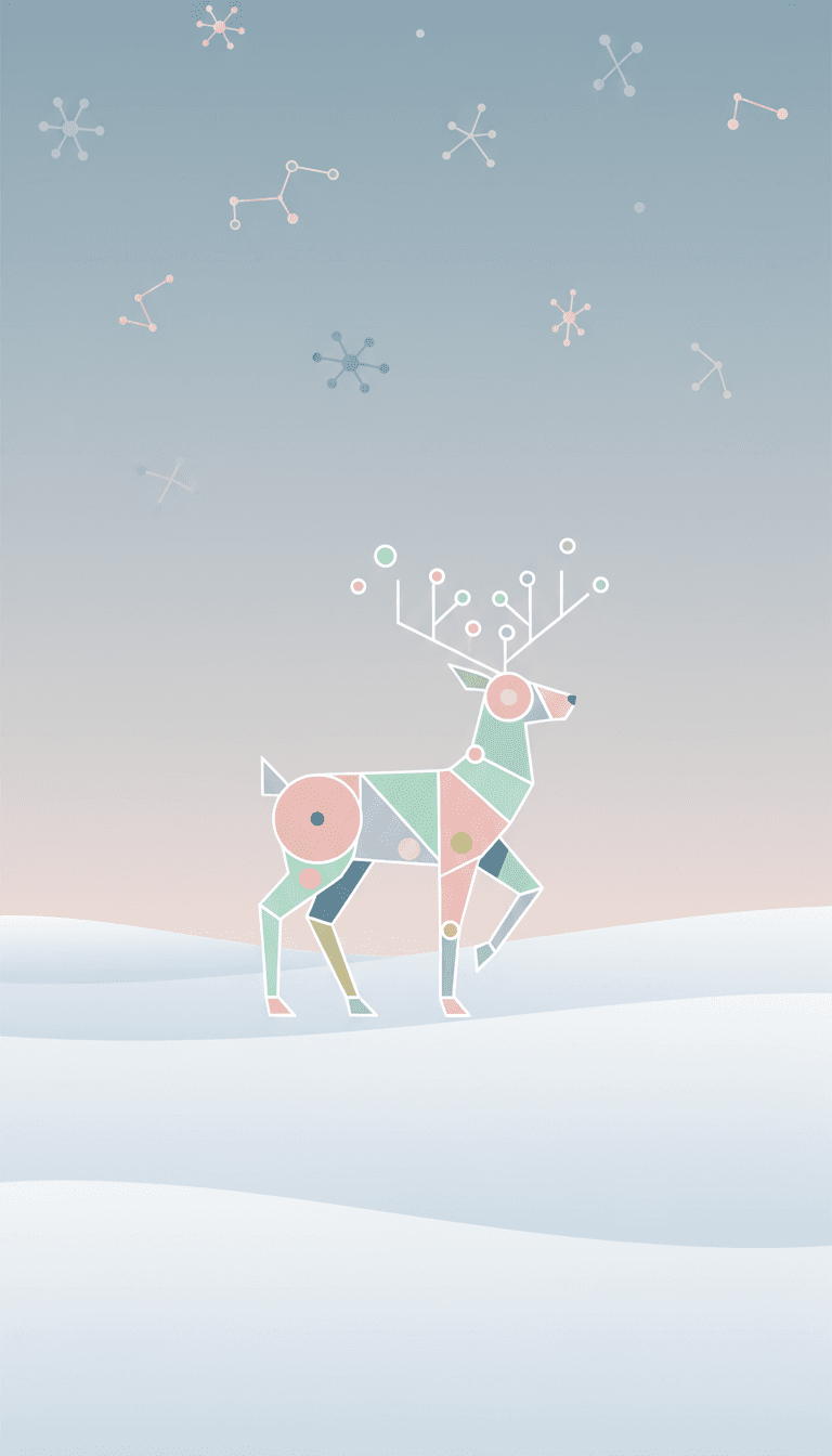 기하학적인 형태의 순록이 깨끗한 설원에서 파스텔 색조와 추상적인 눈송이로 표현된 미니멀리스트 크리스마스 일러스트.