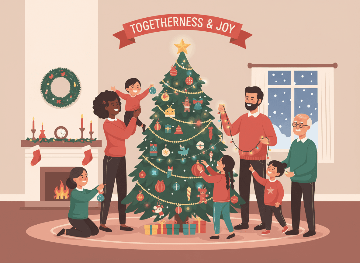 온 가족이 함께 크리스마스 트리를 장식하는 벡터 일러스트.