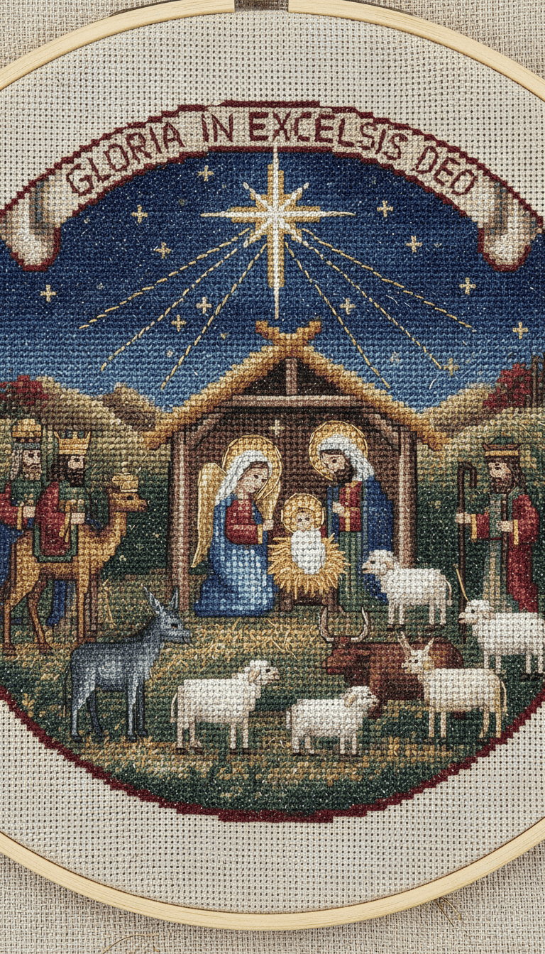 정교한 디테일과 소박한 수공예 느낌이 특징인 전통적인 탄생 장면을 담은 아름다운 십자수 스타일 크리스마스 일러스트.