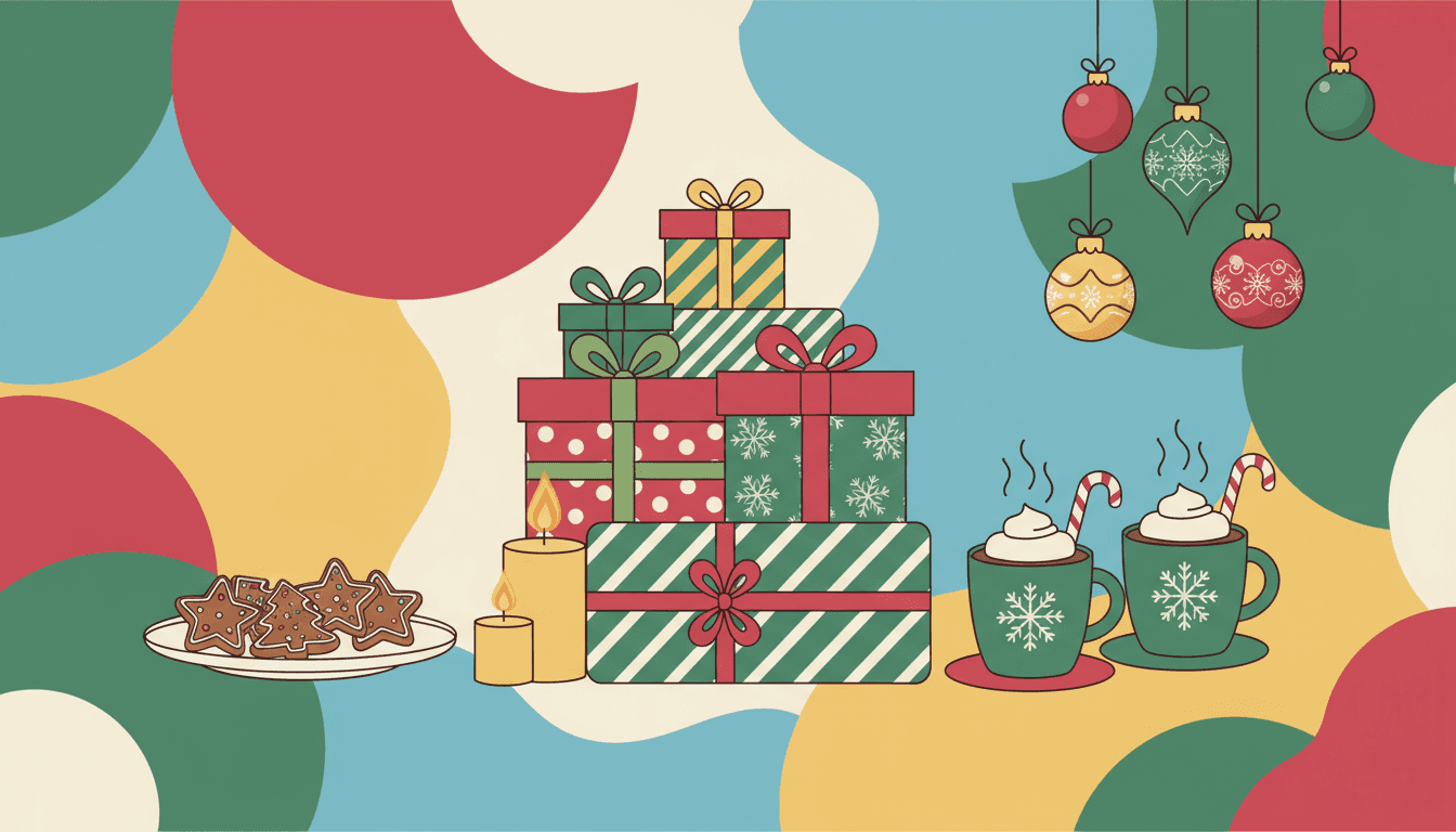 선물, 쿠키, 촛불, 장식품, 코코아 머그 등 크리스마스 필수품들이 놓인 생생한 플랫 디자인 일러스트.