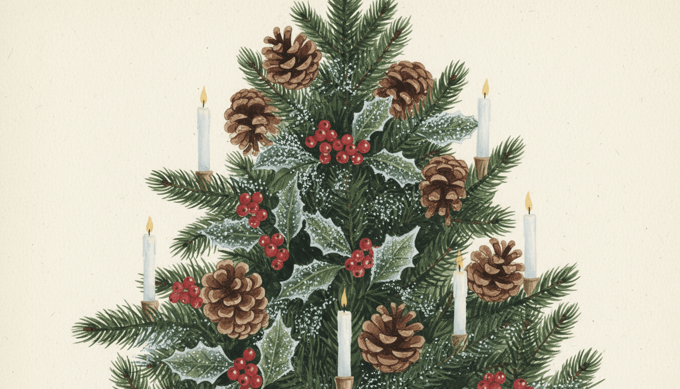 솔방울, 빨간 열매, 흰색 양초로 장식된 자연적이고 소박한 크리스마스 트리 일러스트.