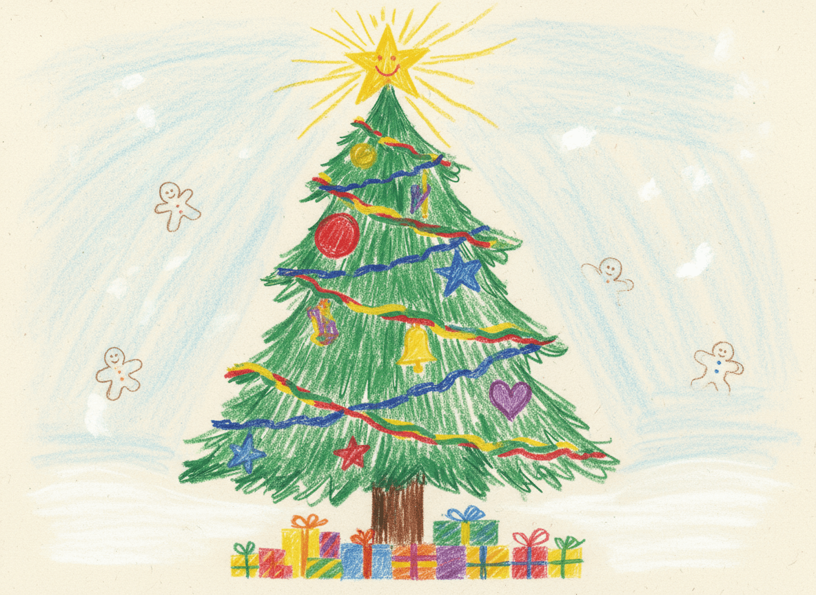 밝고 손으로 그린 듯한 장식이 특징인 순진한 어린이 그림 스타일의 사랑스러운 크리스마스 트리 일러스트.