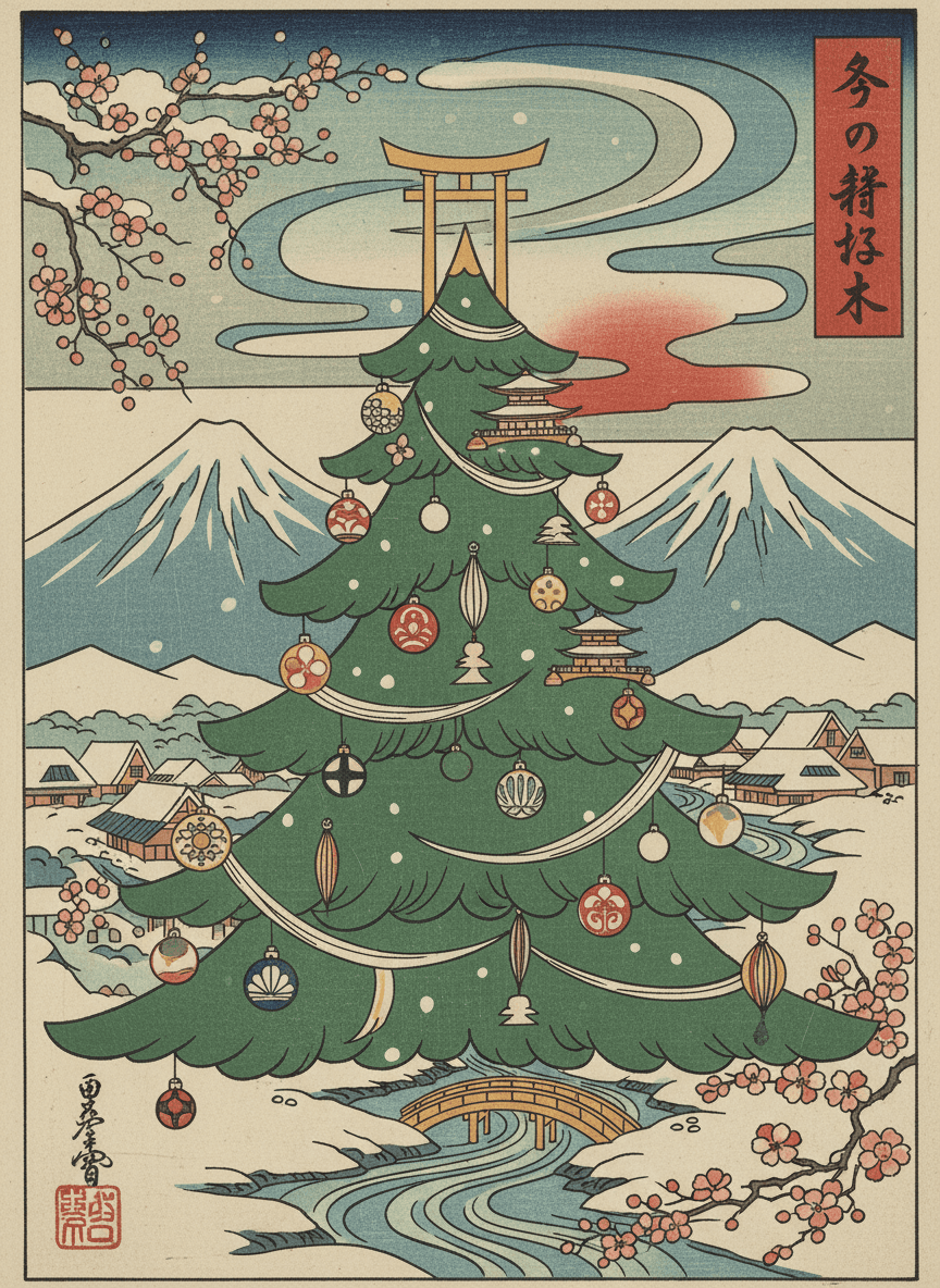 단순화된 형태, 강한 윤곽선, 겨울 산 배경이 있는 우키요에 스타일의 크리스마스 트리 일러스트.