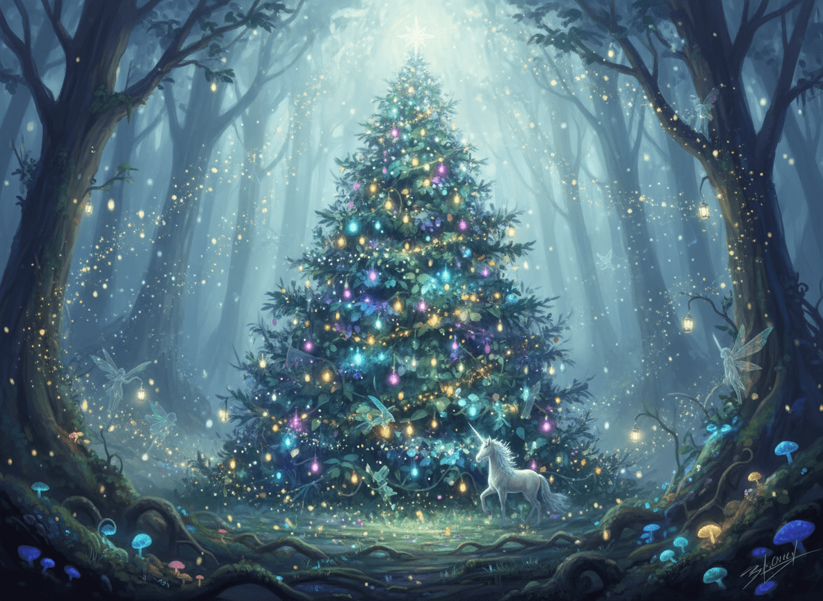 마법의 조명과 요정 생물이 있는 황홀한 숲 크리스마스 트리 일러스트, 꿈결 같음.