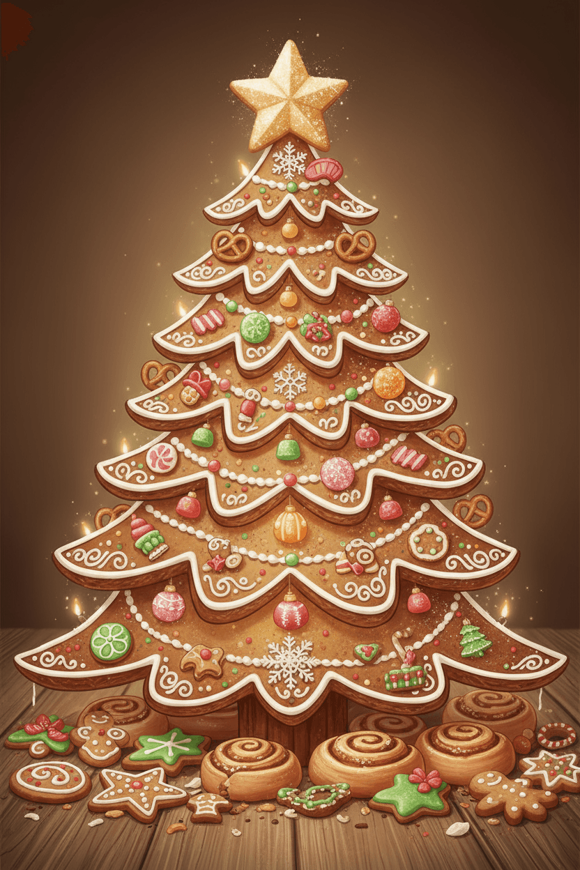 식용 장식과 프로스팅 디테일이 있는 생강빵 크리스마스 트리 일러스트, 따뜻한 구움 과자 미학.