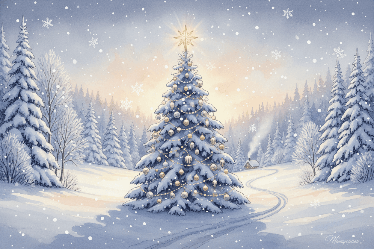 서리 내린 나무와 눈이 덮인 풍경 속에 웅장하게 서 있는 아름다운 겨울 왕국 크리스마스 트리 일러스트, 고요하고 장엄한 분위기.