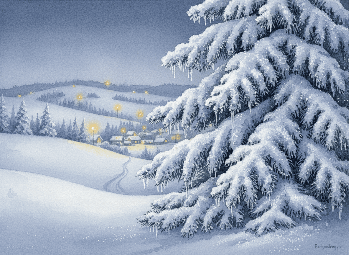 눈 덮인 고요한 크리스마스 트리 일러스트, 서리가 내린 가지, 멀리 보이는 마을 불빛.