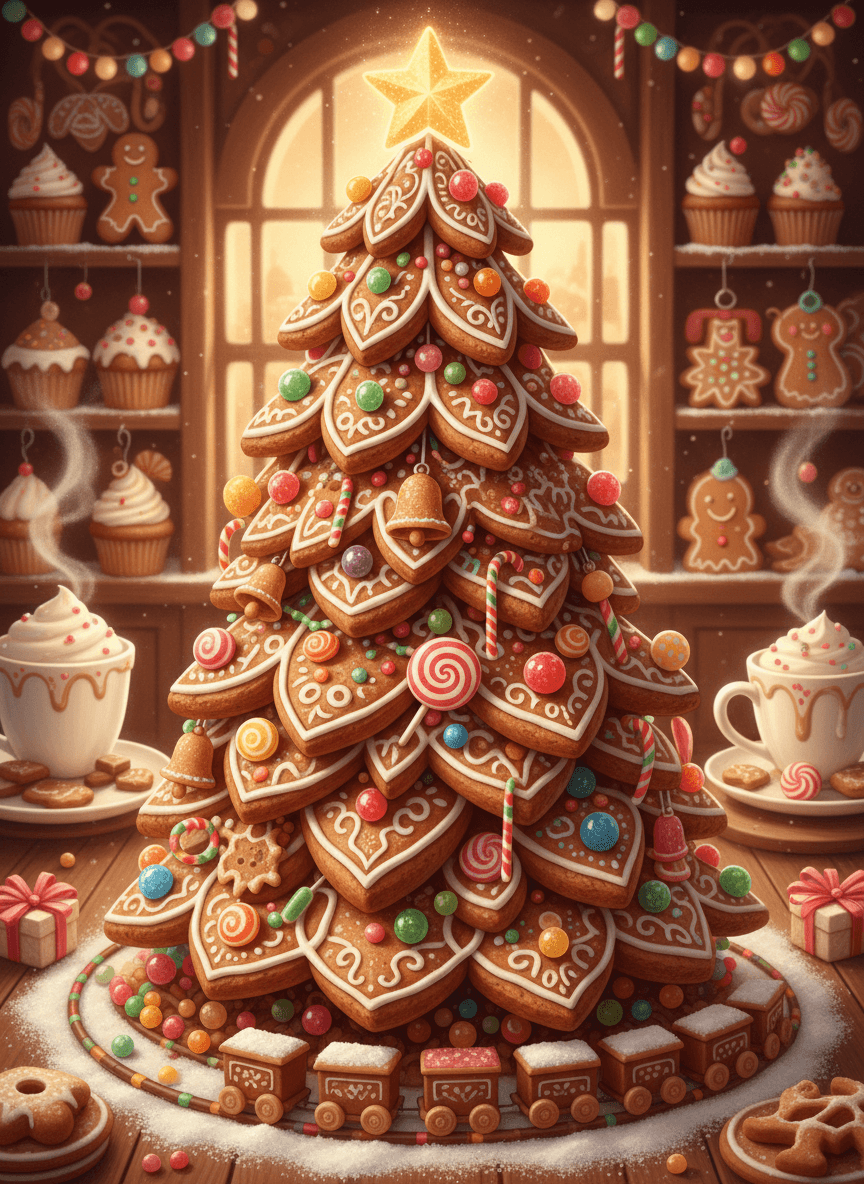 축제 분위기의 베이커리에서 진저브레드 쿠키와 사탕으로 만들어진 기발한 크리스마스 트리 일러스트.
