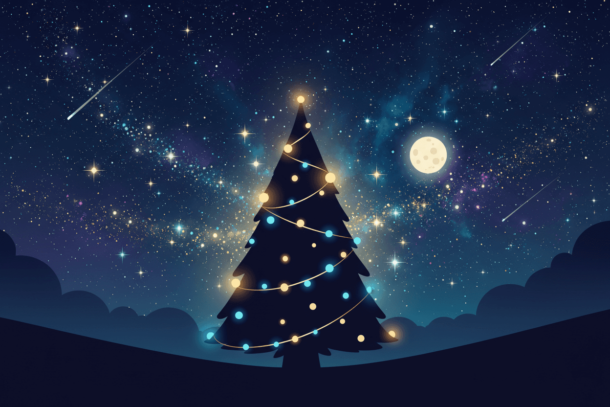 별이 빛나는 밤하늘을 배경으로 내부 조명이 빛나는 실루엣 크리스마스 트리 일러스트.