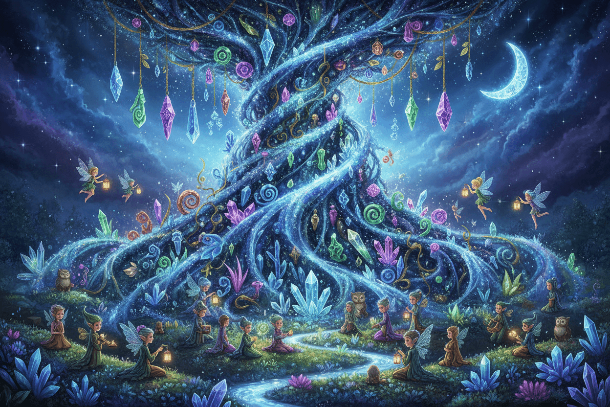 요정 가루와 빛나는 수정으로 반짝이는 판타지 크리스마스 트리 일러스트, 그 아래에 모인 기발한 생명체들.