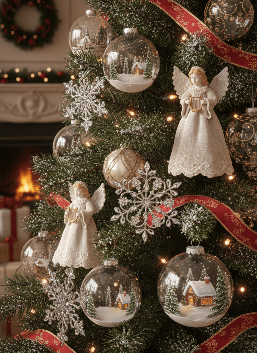 다양하고 정교한 장식으로 장식된 크리스마스 트리의 극사실적인 클로즈업 일러스트.