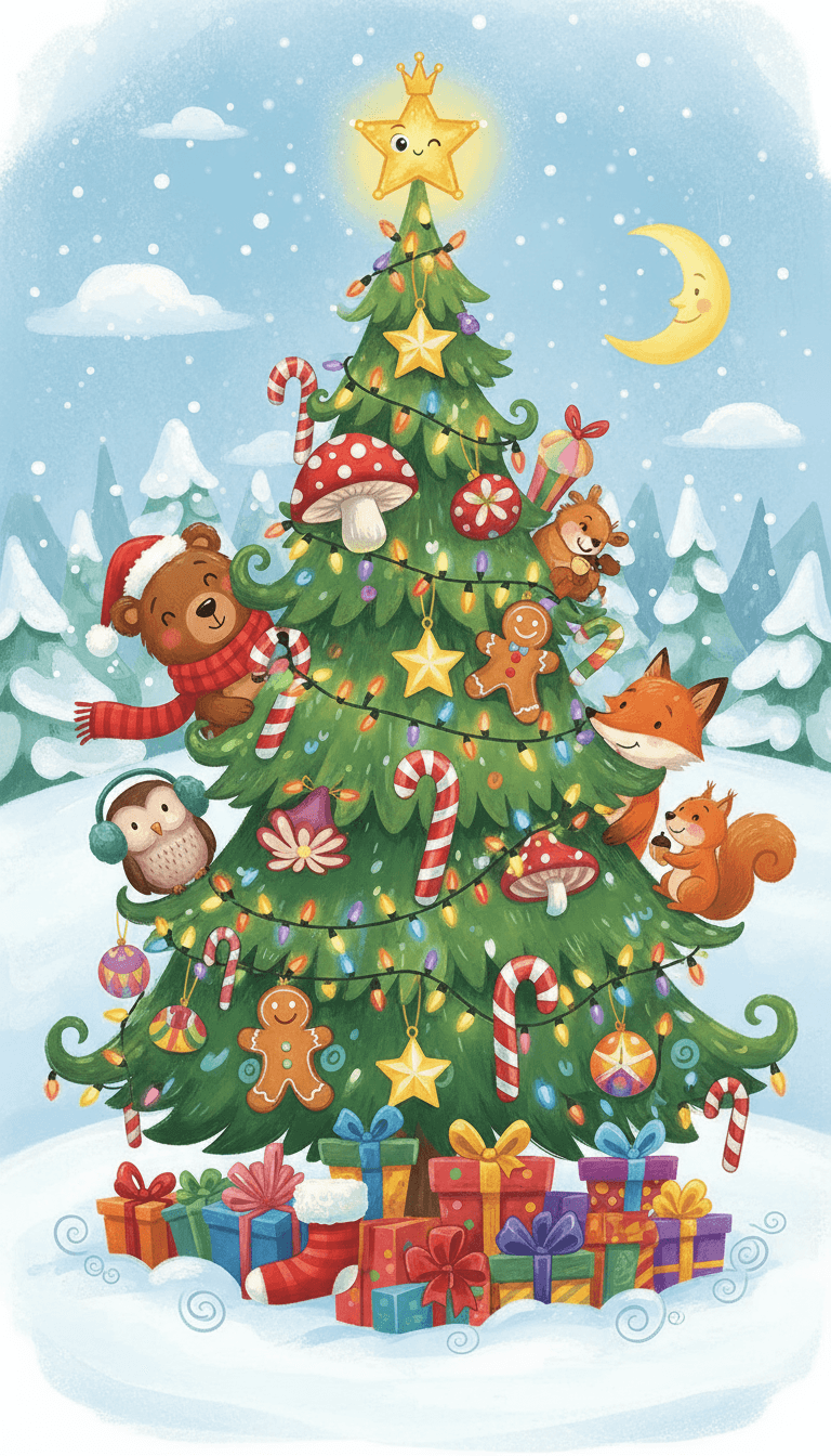 과장된 장식과 친근한 숲속 동물들이 있는 기발한 카툰 스타일 크리스마스 트리 어린이 책 일러스트.