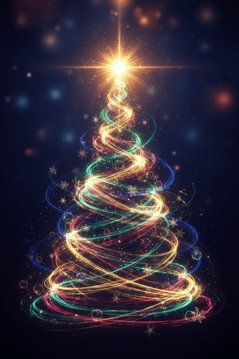 빛나는 윤곽선의 크리스마스 트리 일러스트, 밝은 에너지, 축제 조명원, 추상적인 휴일 개념.