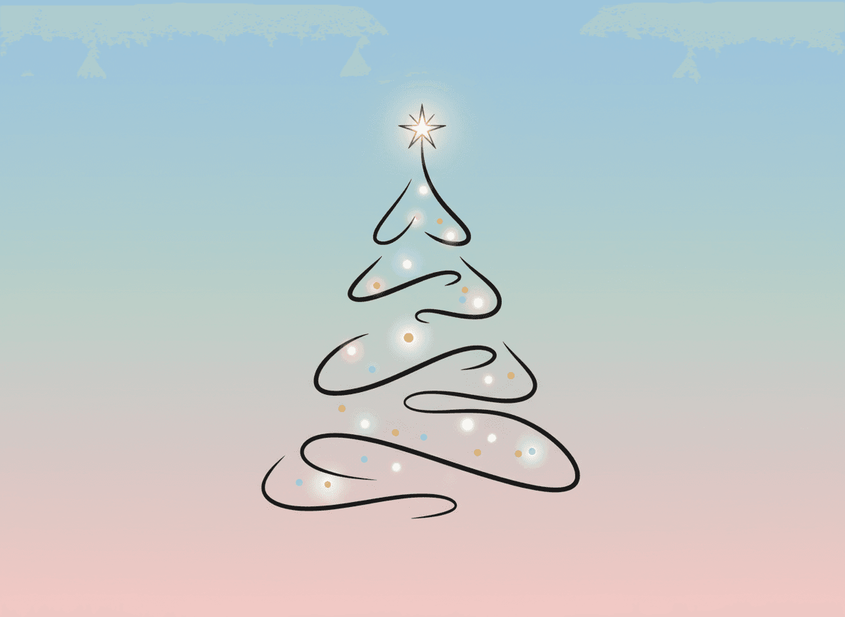 파스텔 배경에 별과 은은한 조명이 있는 미니멀리스트 라인 아트 크리스마스 트리 벡터 일러스트.