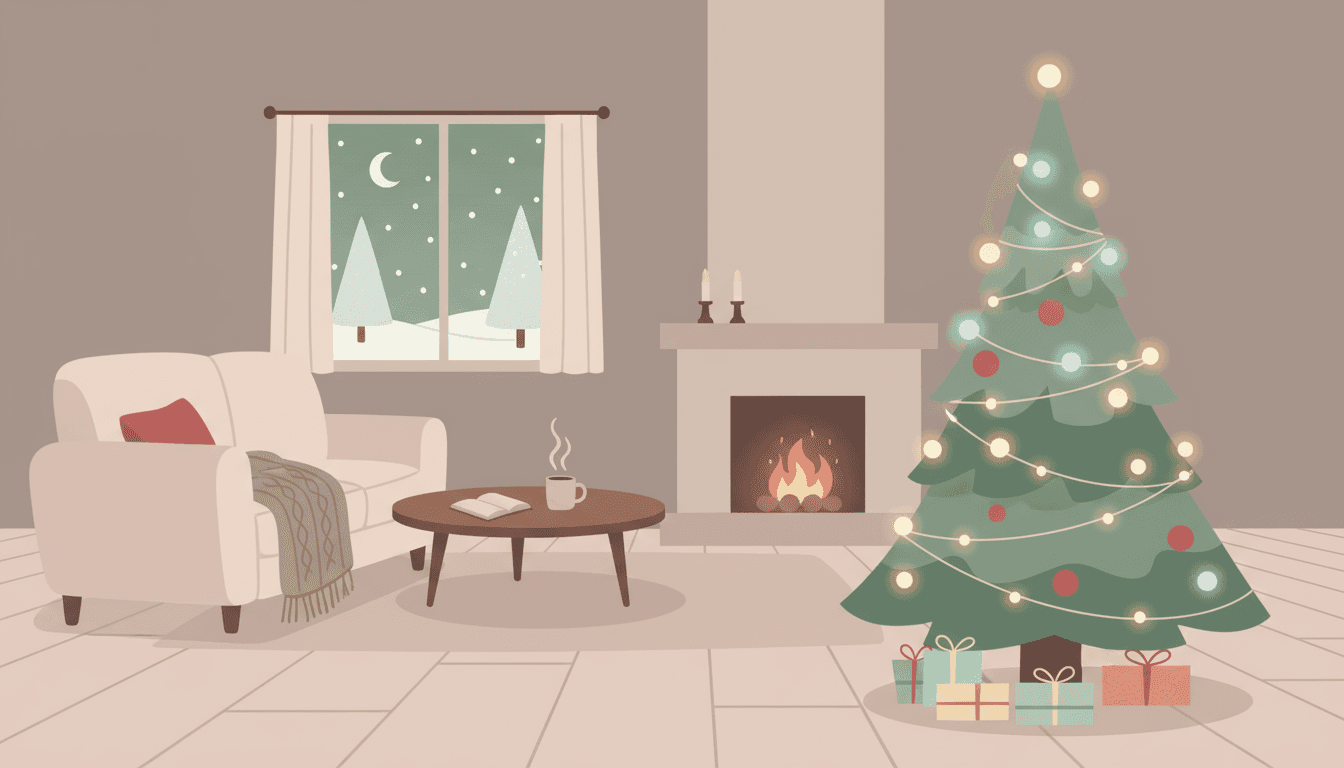 아늑한 거실에 반짝이는 조명으로 장식된 미니멀하고 기발한 크리스마스 트리 일러스트.