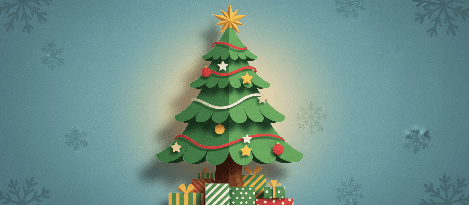 겹겹이 쌓인 종이와 그림자가 깊이감을 주는 종이 오리기 스타일 크리스마스 트리 일러스트, 수제 느낌.