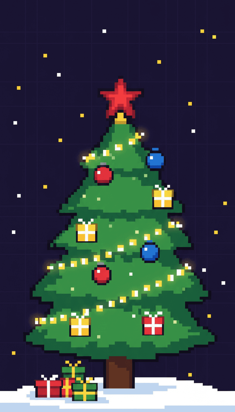 별이 빛나는 배경에 단순하고 상징적인 장식이 있는 복고풍 8비트 픽셀 아트 크리스마스 트리 일러스트.