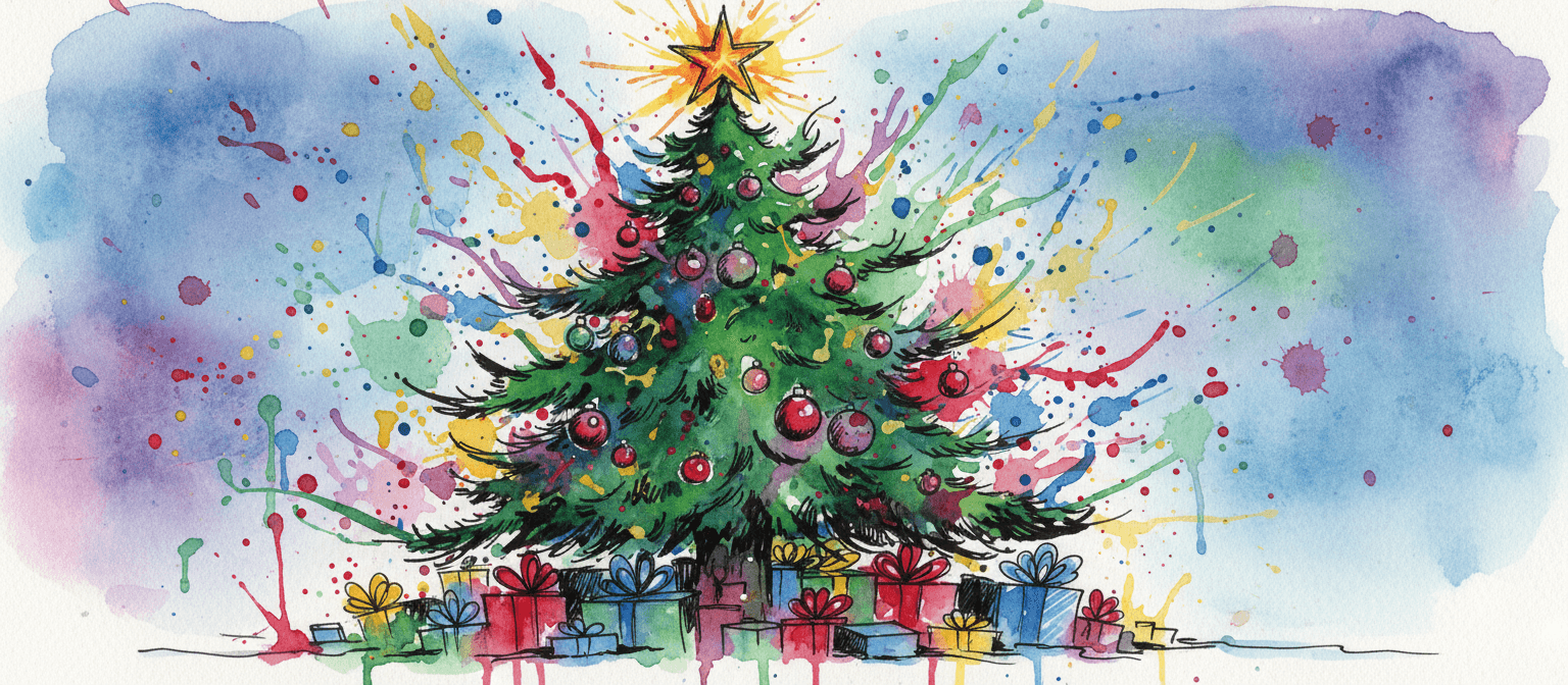 활기찬 수채화 번짐과 굵은 잉크 윤곽선이 어우러진 역동적인 수채화 잉크 크리스마스 트리 일러스트, 표현적이고 생동감 넘치는 디자인.