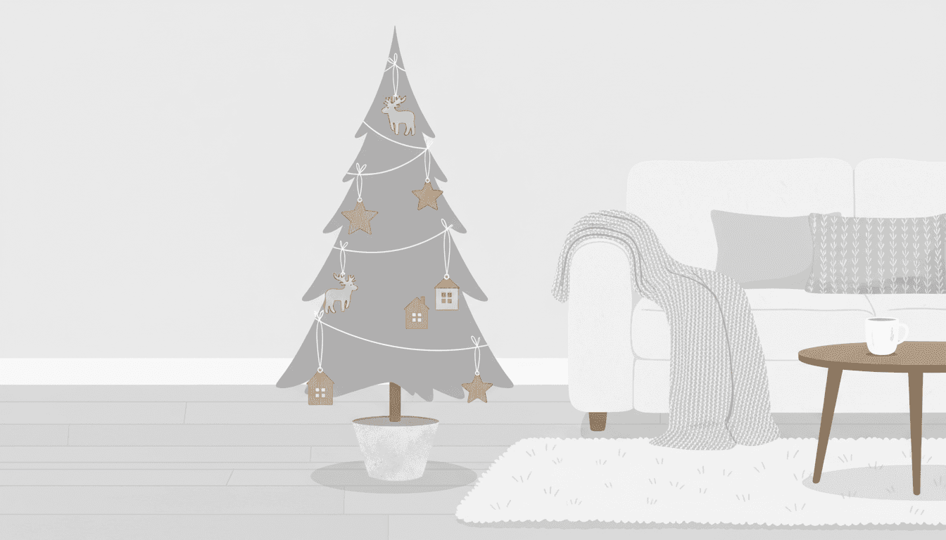 나무 장식과 흰색, 회색 팔레트를 사용한 미니멀리스트 북유럽 크리스마스 트리 일러스트, 아늑한 스칸디나비아 디자인.