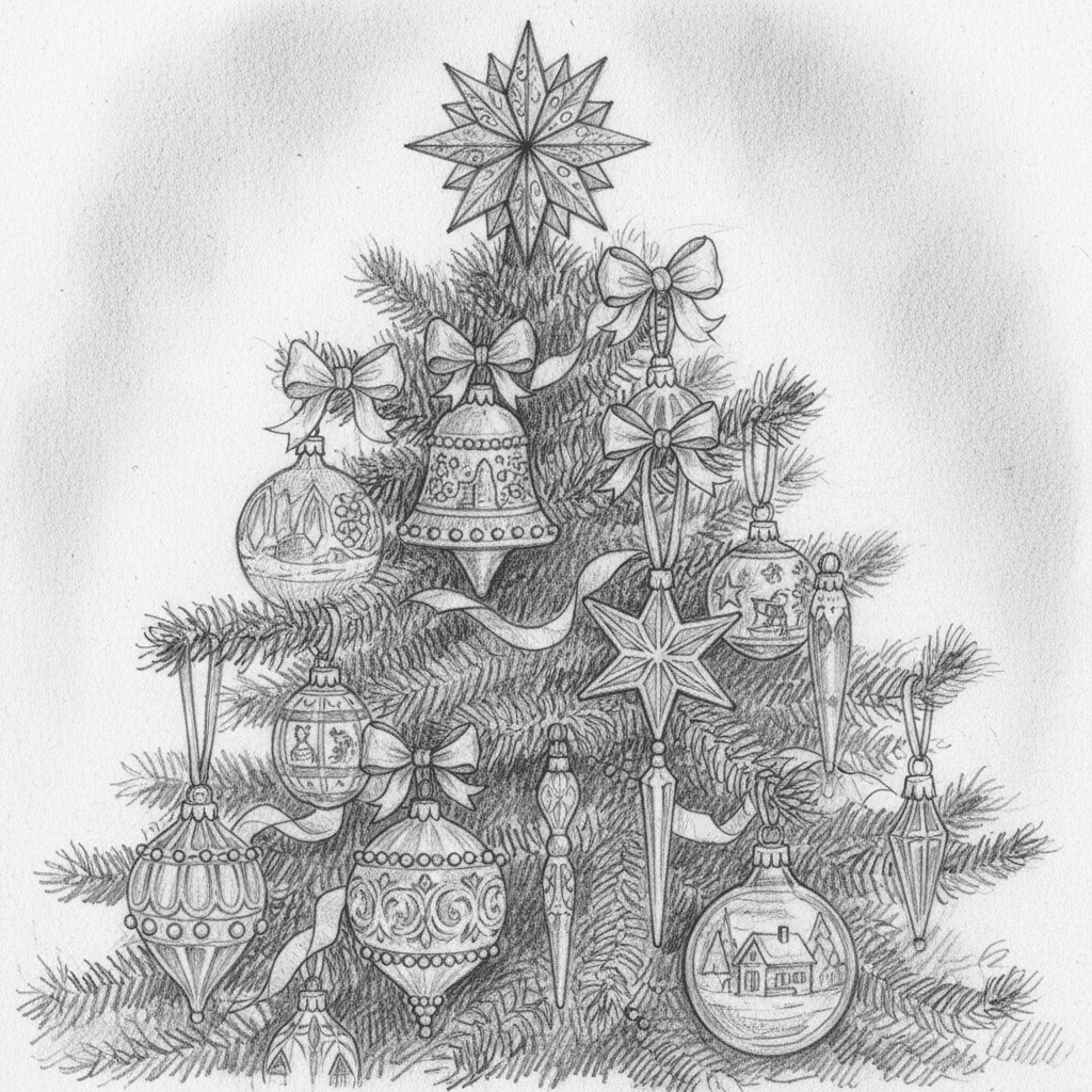 복잡한 빈티지 장식이 있는 크리스마스 트리의 상세한 단색 연필 스케치 일러스트.