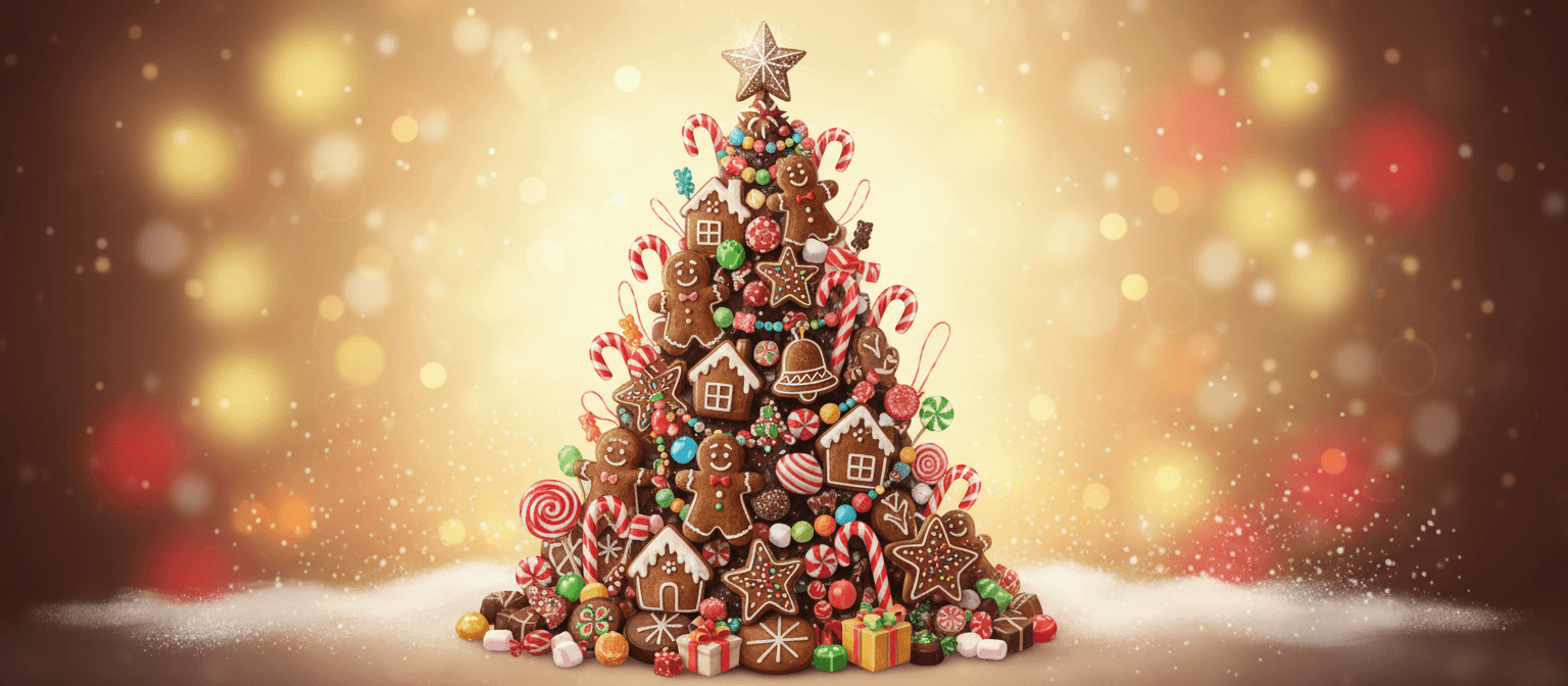 진저브레드 쿠키와 막대 사탕 장식으로 꾸며진 장난기 넘치는 크리스마스 트리 일러스트.