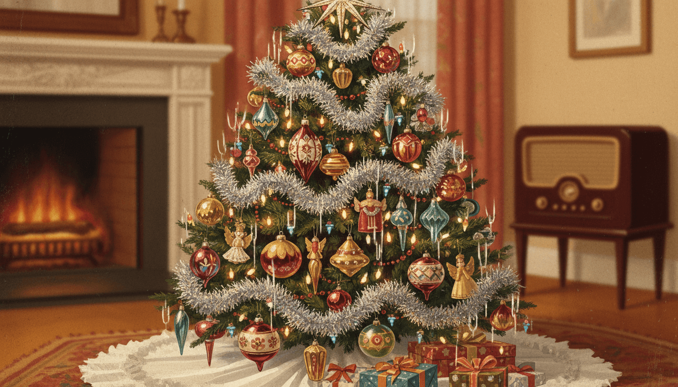 반짝이는 틴셀과 구식 장식으로 꾸며진 레트로 빈티지 1950년대 스타일 크리스마스 트리 일러스트.