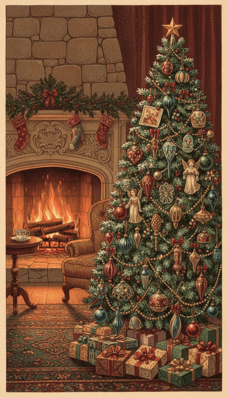 빅토리아 시대 장식품으로 장식된 빈티지 스타일 크리스마스 트리 일러스트, 따뜻한 벽난로가 배경에 있음.