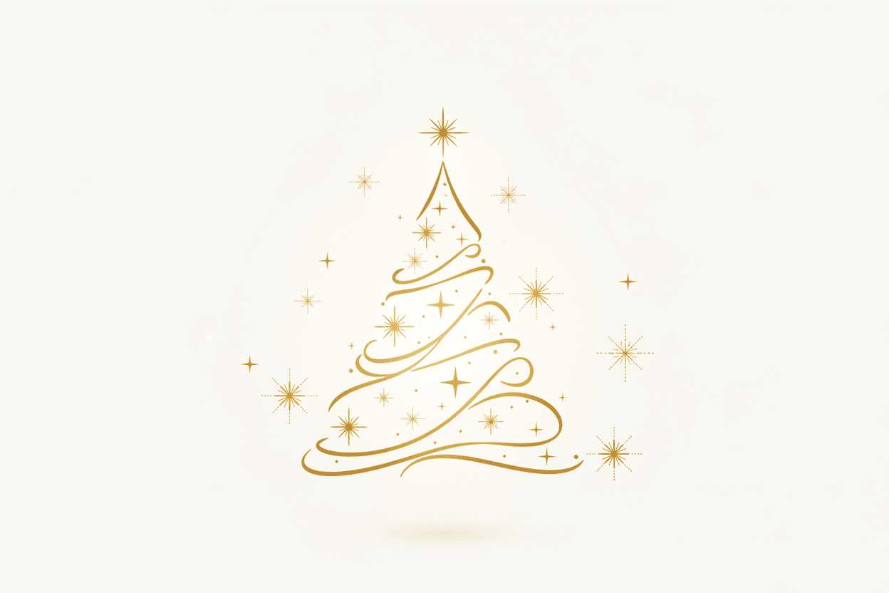 금빛 별과 섬세한 조명이 있는 우아한 미니멀리즘 라인 아트 크리스마스 트리 일러스트.