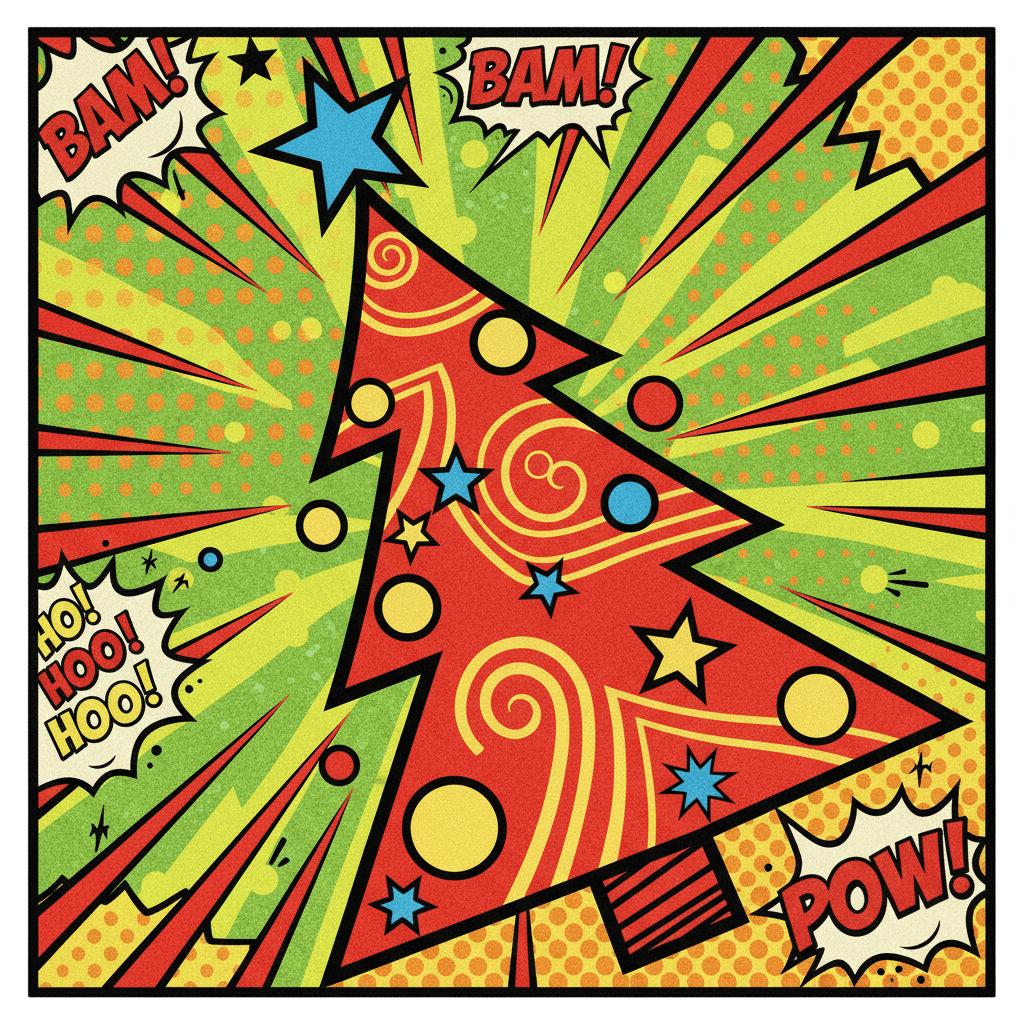 강렬한 외곽선과 평평하고 생생한 색상이 특징인 대담한 팝 아트 스타일의 크리스마스 트리 일러스트.