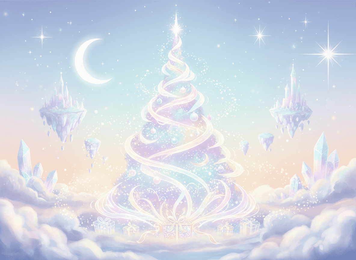 반짝이는 먼지와 부드러운 파스텔 색상의 비현실적인 크리스마스 트리 일러스트, 몽환적인 판타지 분위기.