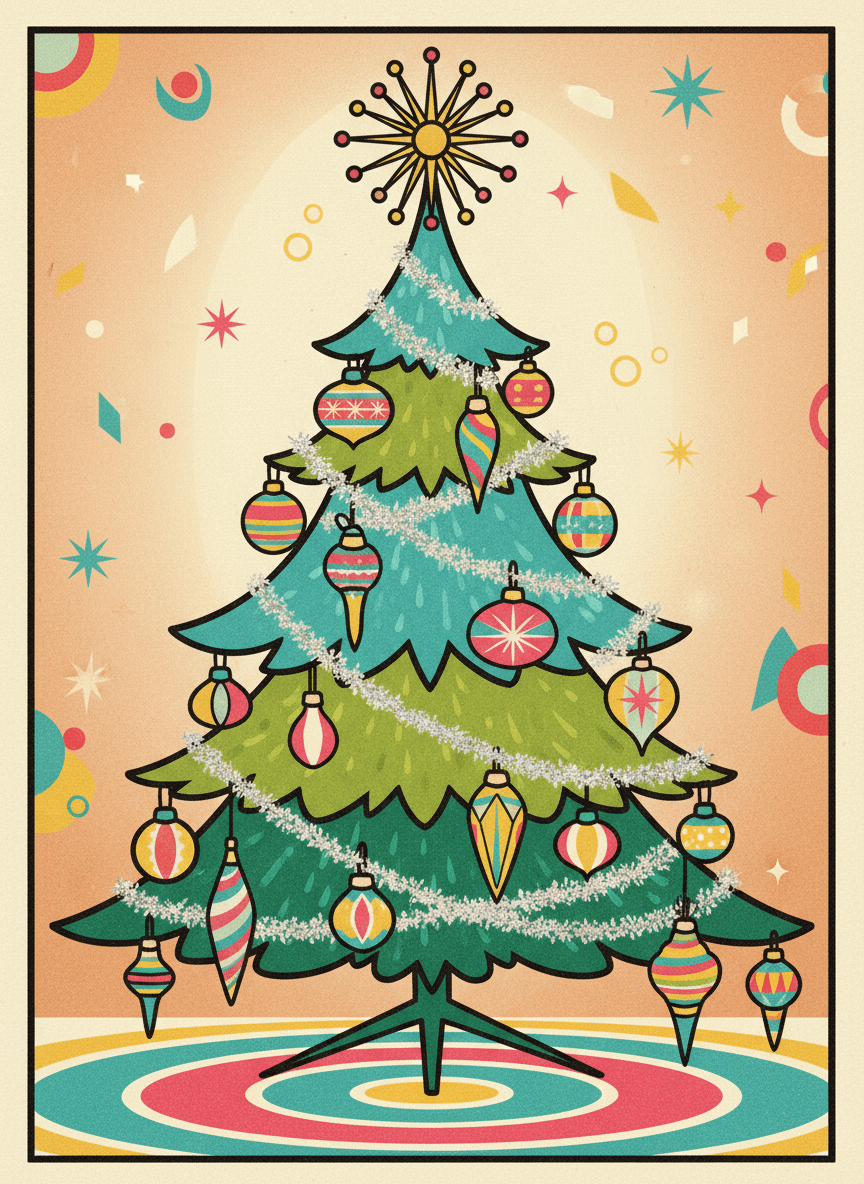 밝은 색상의 1950년대 스타일 레트로 빈티지 크리스마스 트리 일러스트.