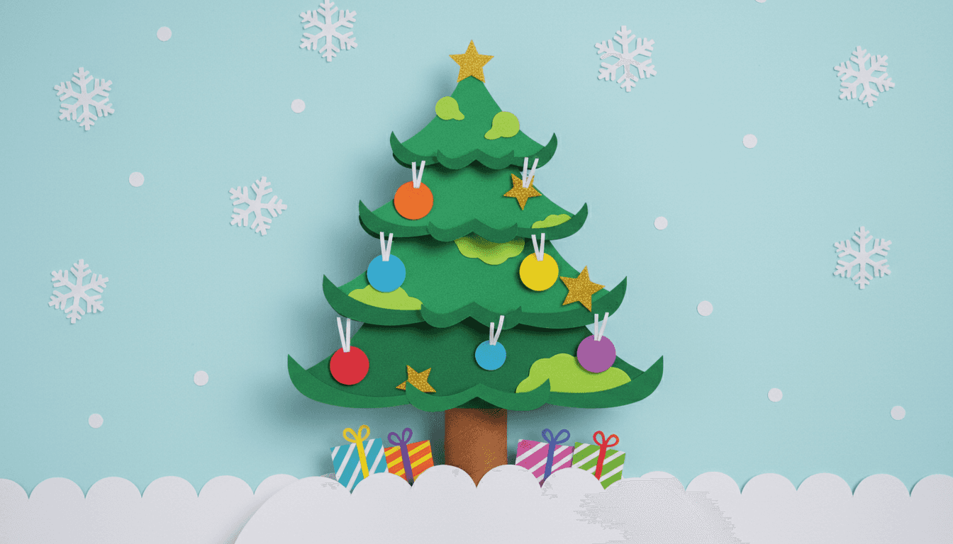 다채로운 장식이 있는, 잘라낸 종이 조각들을 겹쳐 만든 유쾌한 크리스마스 트리 일러스트.