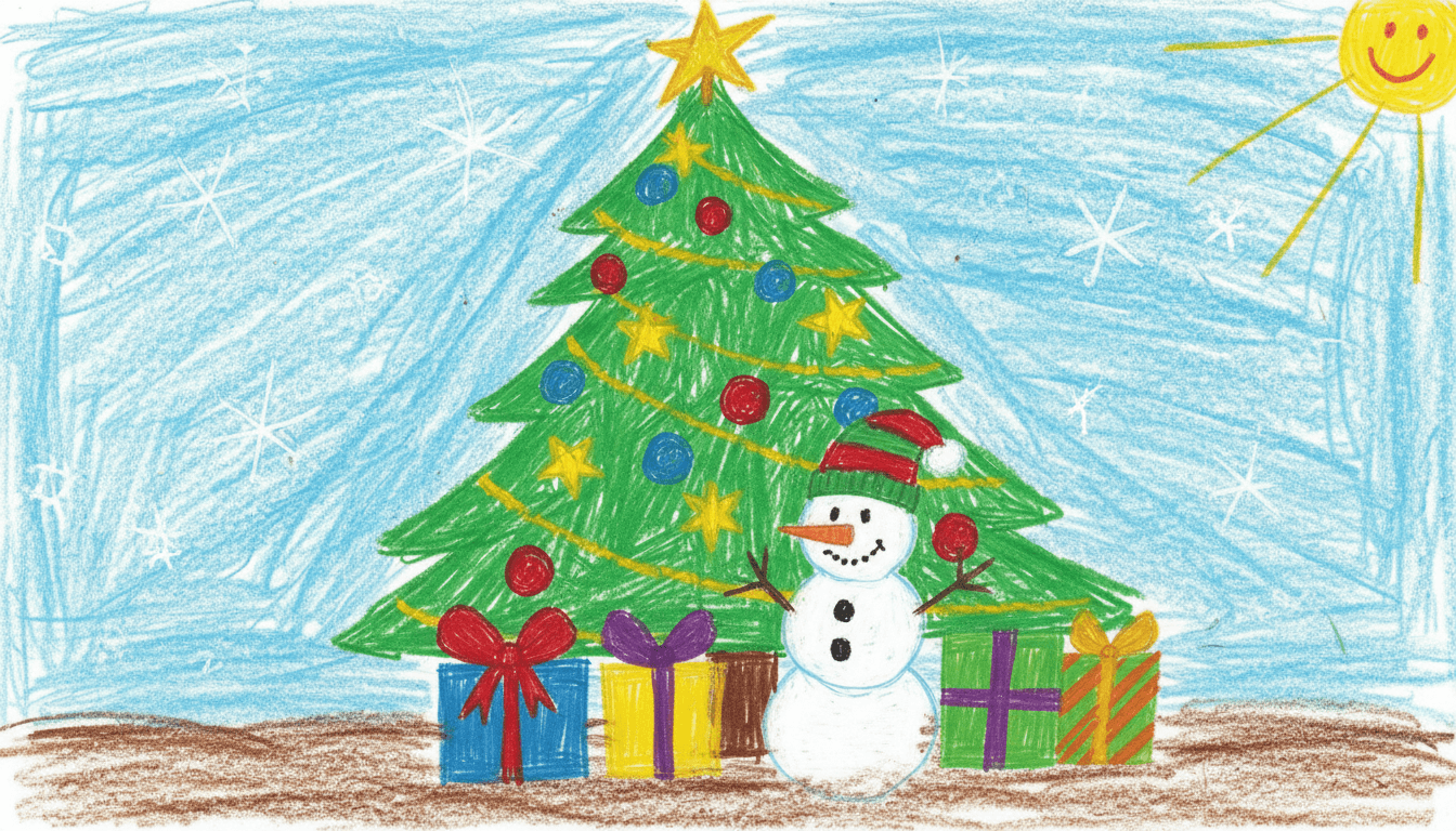 웃는 눈사람이 있는 어린이 크레용 그림 스타일의 크리스마스 트리 일러스트.