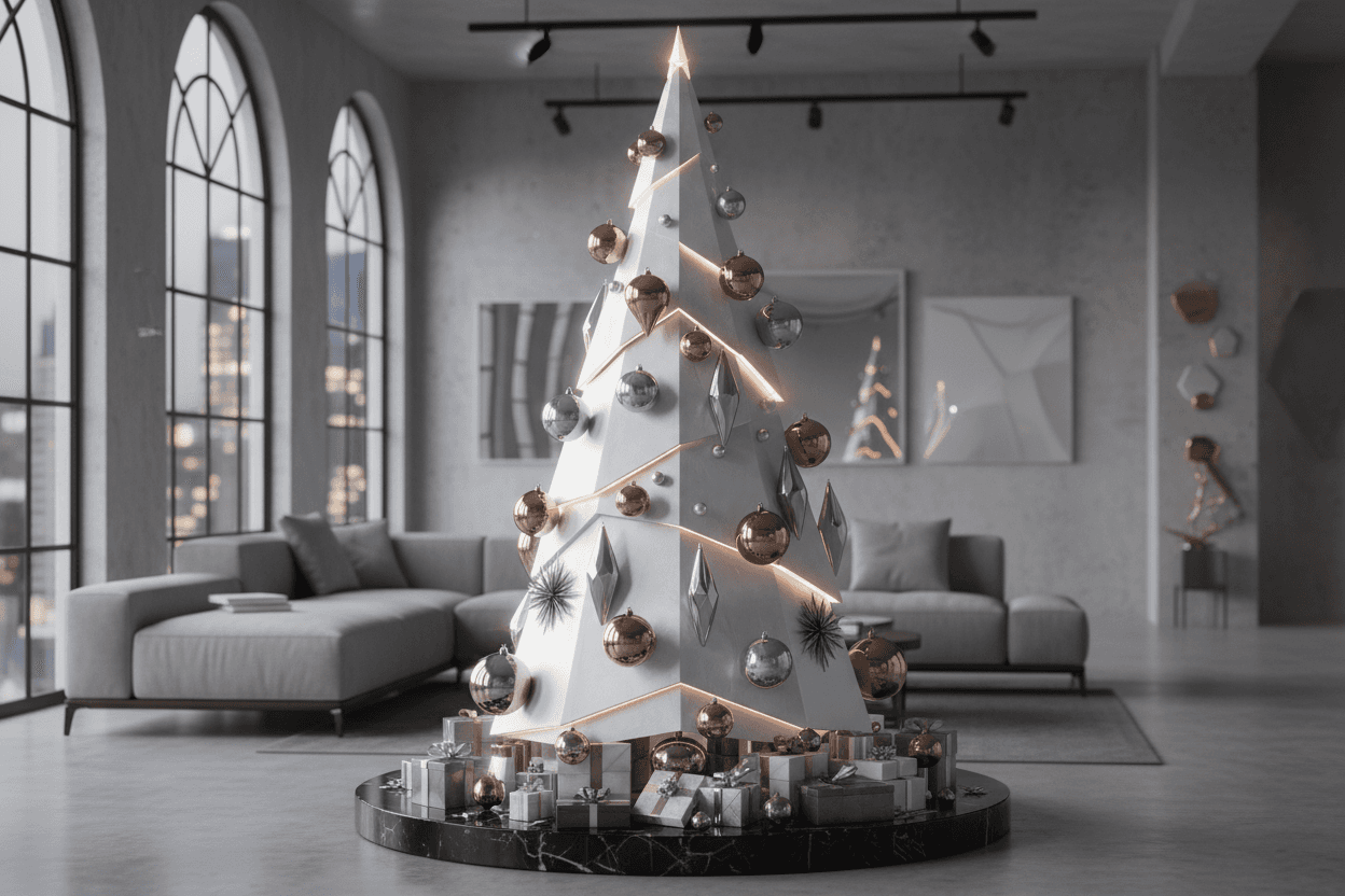 세련된 디자인의 현대적인 크리스마스 트리 일러스트, 금속 장식, 도시 로프트 배경.