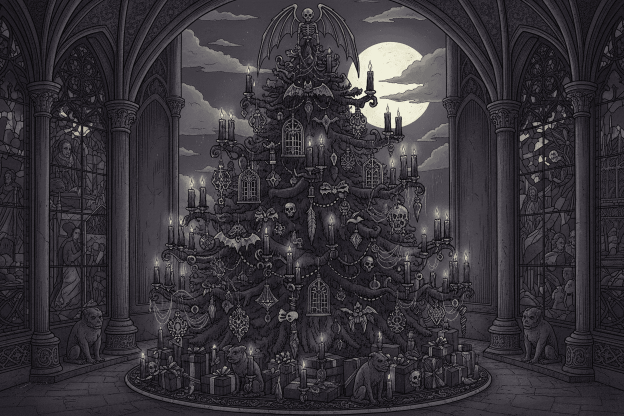 어두운 색상과 은색 장식, 촛불로 장식된 고딕 테마 크리스마스 트리 일러스트, 신비로운 분위기.