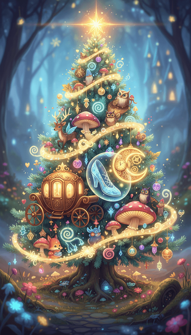 환상적인 장식과 마법에 걸린 숲속 동물들이 있는 기발하고 마법처럼 빛나는 크리스마스 트리 일러스트.
