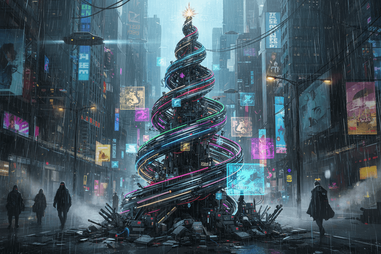 네온 조명, 홀로그램 장식, 전선이 있는 디스토피아 도시 거리의 사이버펑크 크리스마스 트리 일러스트.